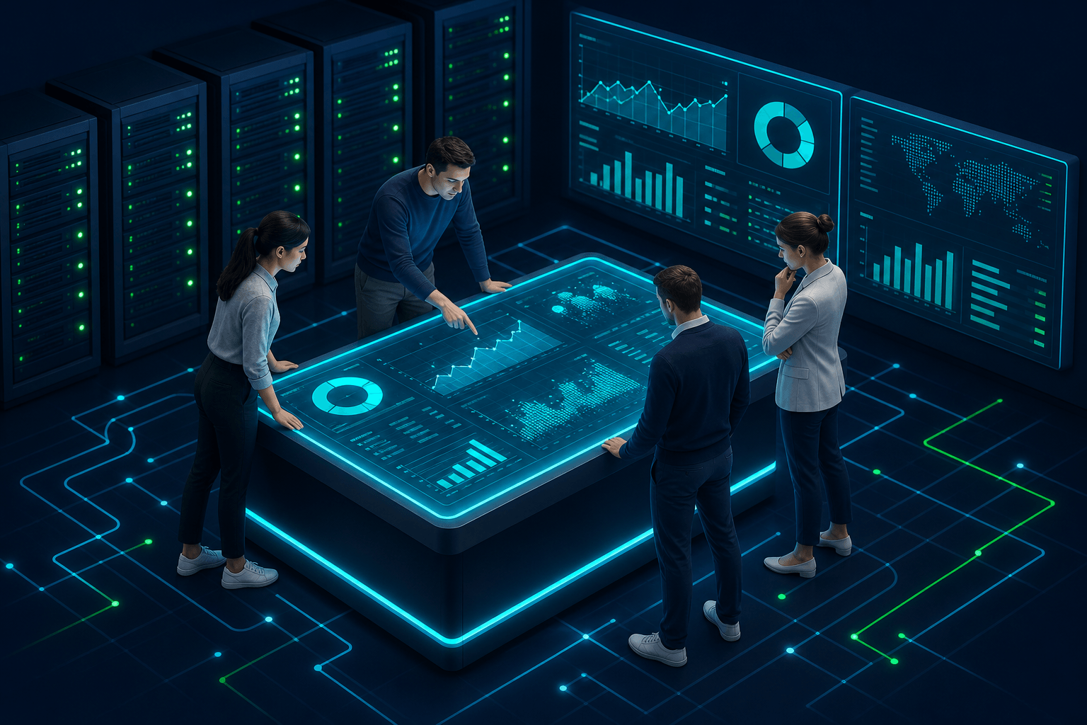 Team collaborating around a digital operations table