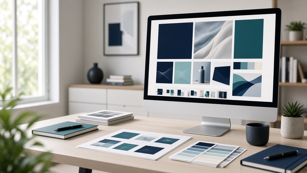 Brand identity work on a professional design studio desk