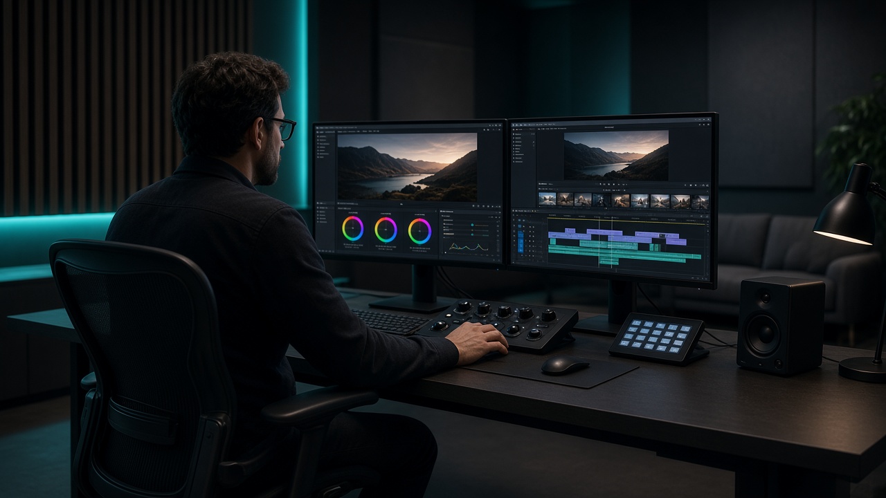 Colorist grading a promotional film on dual monitors
