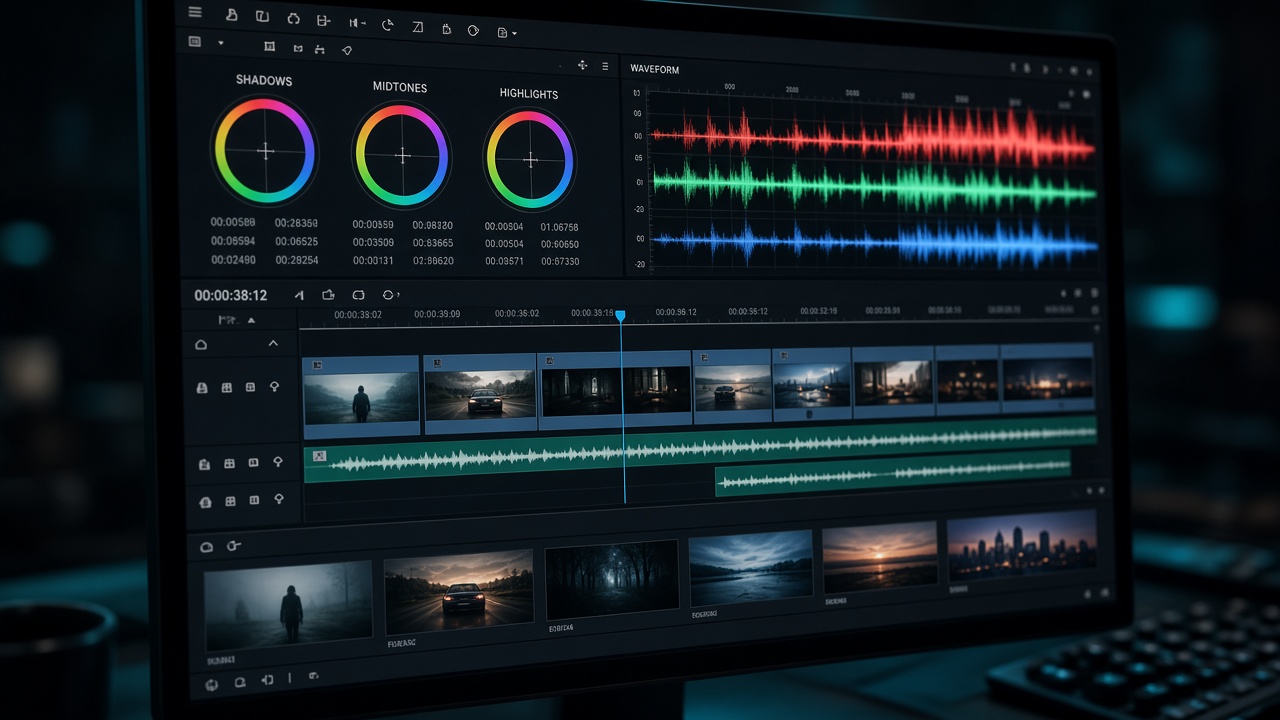 Close-up of a professional edit timeline and color wheels