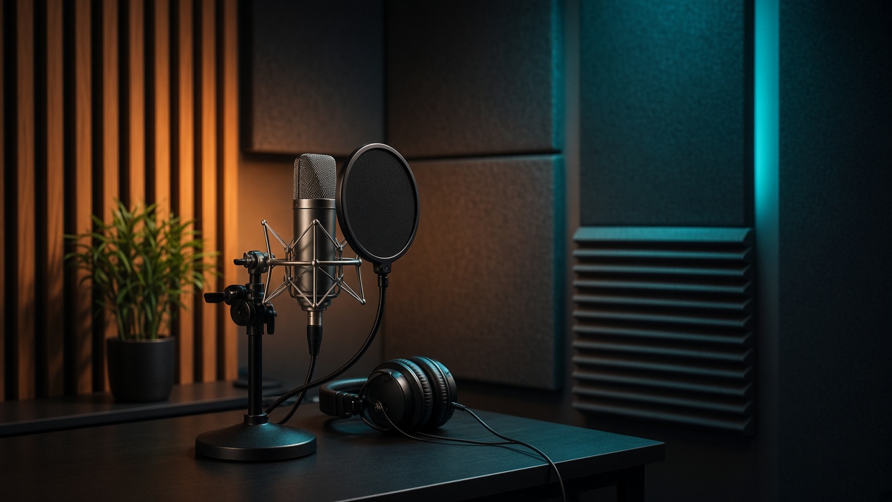Studio microphone in a treated voice-over booth