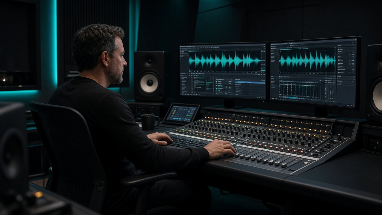 Audio engineer mixing promotional voice over in control room