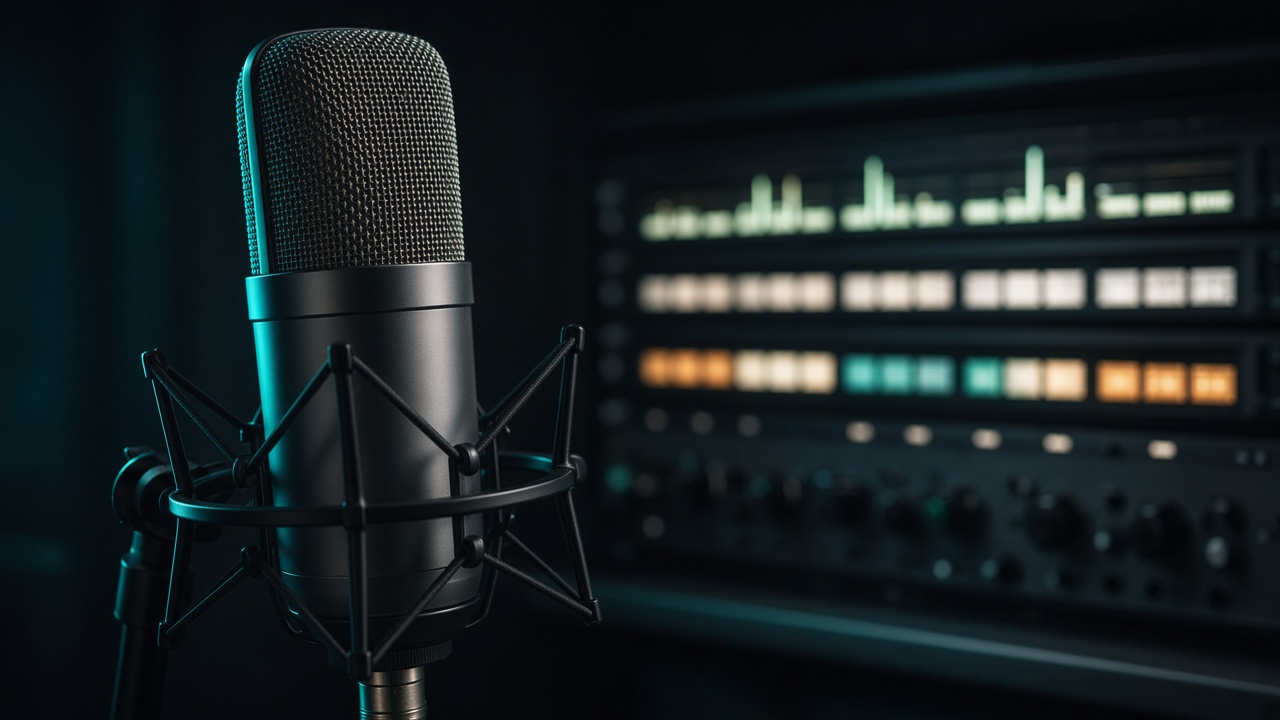 Broadcast microphone with waveform meters in a dark studio