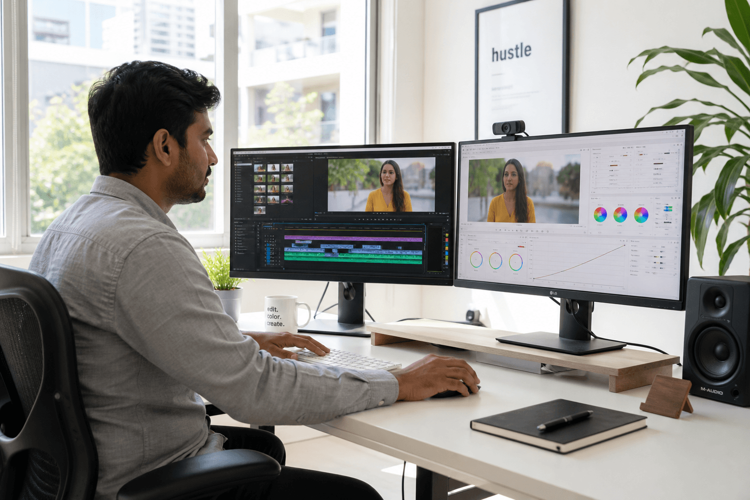 Editor working on dual monitors