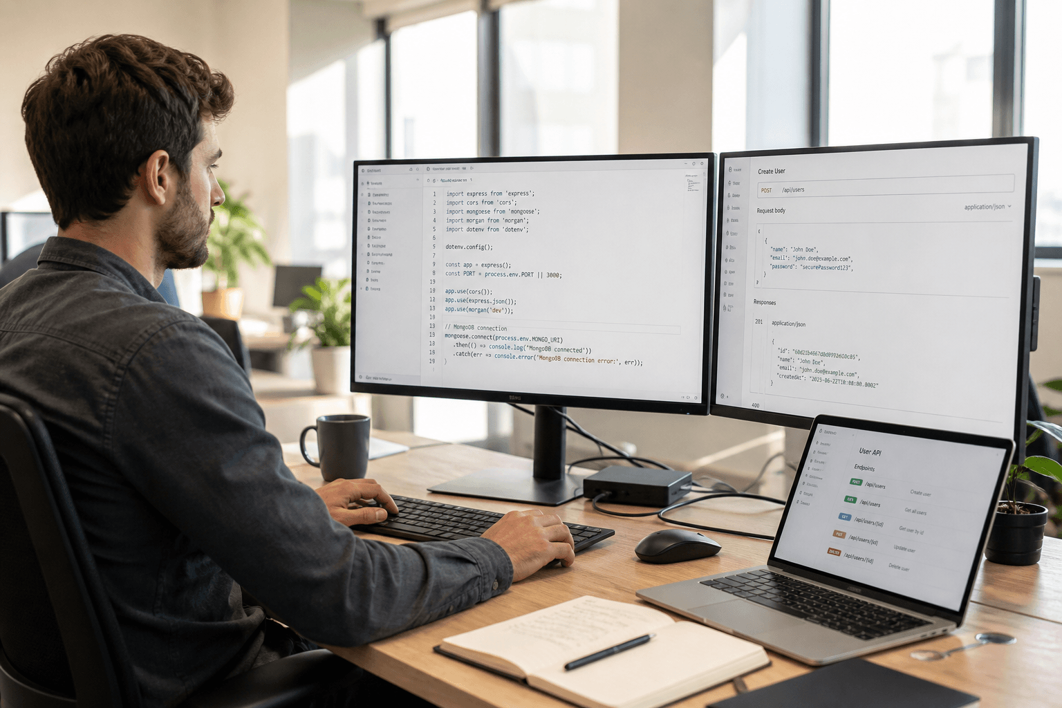 Express API routes and webhook payloads on dual monitors