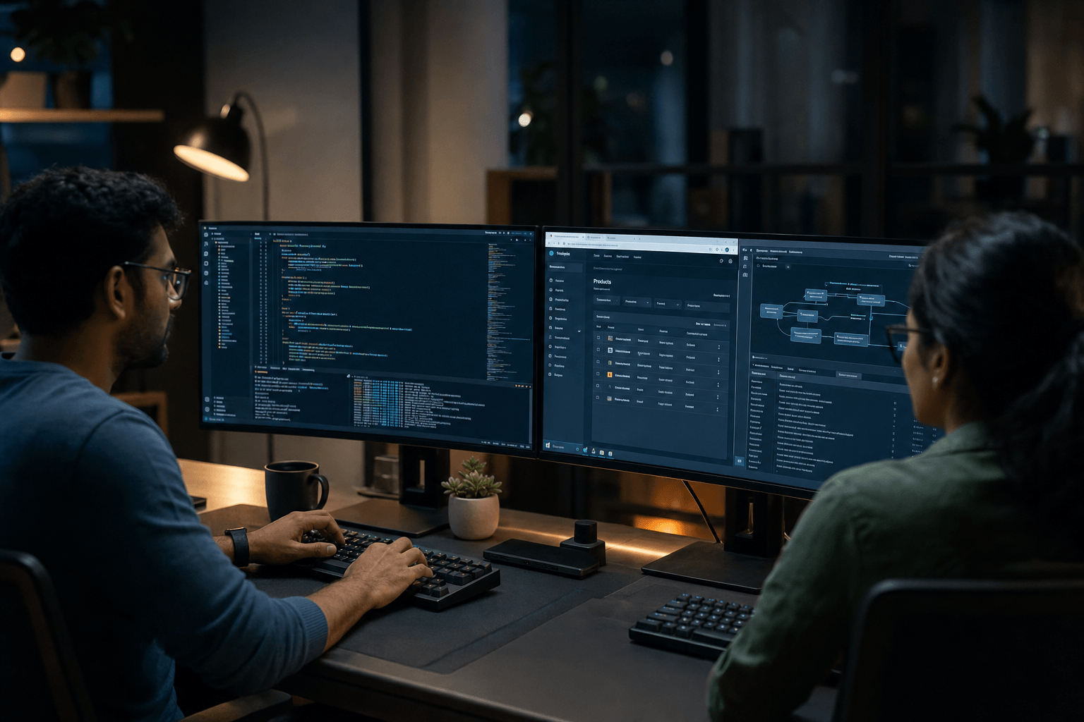Engineers pairing on code and system architecture