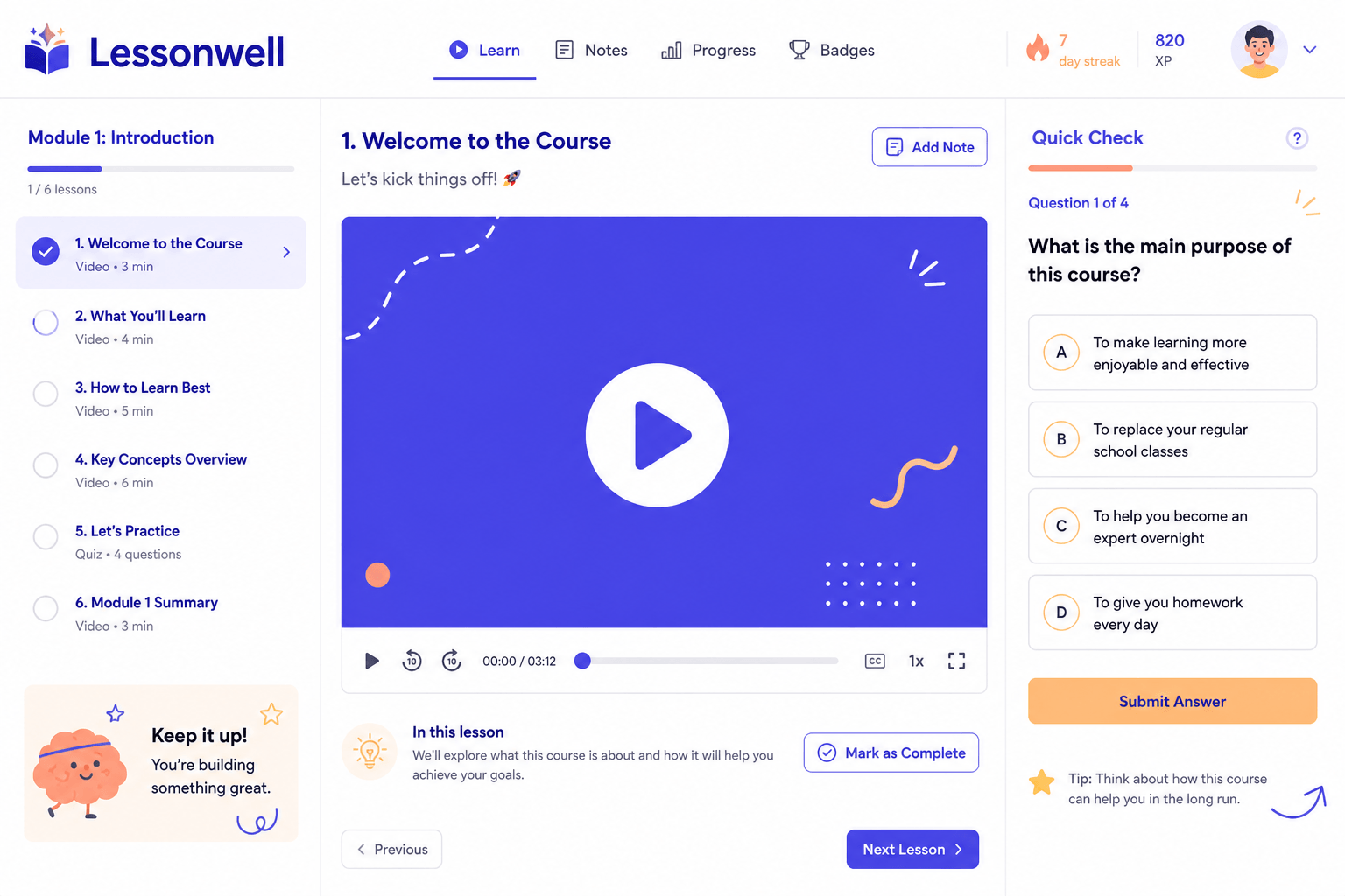 Lesson Player — web layout